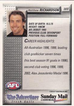 2003 Select The Advertiser-Sunday Mail AFL #103 Matthew Richardson Back